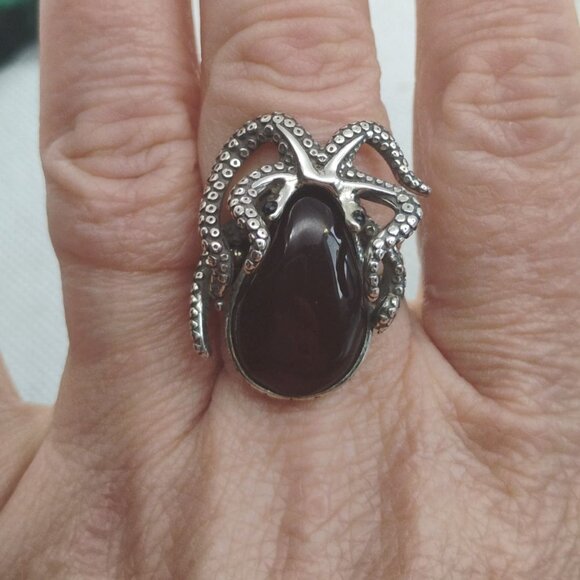 Sterling Silver Amber Octopus Ring Unisex Adjustable Ring Fits as a Size 9 - Picture 3 of 7